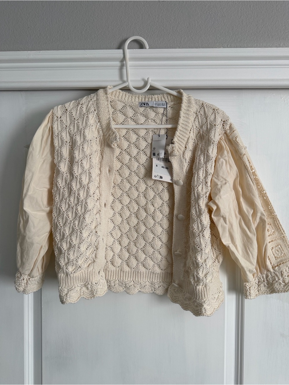Zara Cream Textured Knit Puff-Sleeve Cardigan - Picture 2 of 5